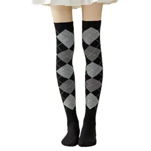 Women over-the-knee long socks with classic argyle diamond pattern, perfect for cosplay.