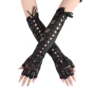 Sexy black lace fingerless gloves long ribbon lace-up dress party gothic arm warmers