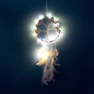 White LED light up dream catcher detail shot tree of life hanging decor for bedroom interior.