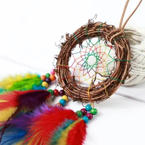 Handmade dream catcher wall hanging with colorful feathers and wooden beads, rustic boho decor.