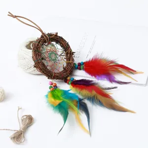 Boho dream catcher wall hanging with colorful feathers and wooden beads for home decor.