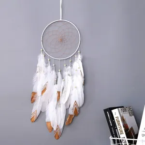 Atrapasueños bohemio de plumas hecho a mano colgante de pared decoración hogar blanco dorado
