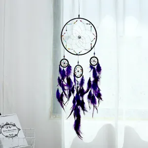 Purple feather dream catcher wall hanging five rings home decor wind chime gift ornament