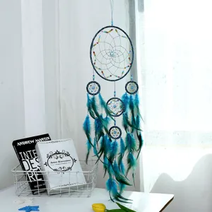 Blue feather dream catcher multi-ring wind chime home wall hanging decor detail view.