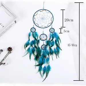 Blue feather dream catcher hanging decoration 5-ring wind chime for home wall decor gift