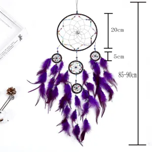 Purple feather dream catcher wall hanging with five rings and colorful beads detail size display