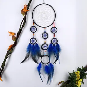 Handmade Feather Dream Catcher Wall Hanging Wind Chime Rustic Home Decor Blue Room Hanging Ornament Craft Gift
