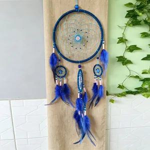 Blue feather dream catcher wall hanging five rings handmade home decor pendant