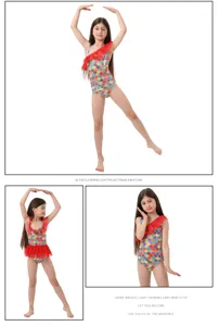 Traje de baño de danza escamas sirena colorido niños, volantes rojos, ropa de escena.