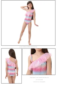 Girls rainbow mermaid swimsuit with pink ruffles cute children dance dress summer swimwear