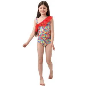 Bano de sirena colorido para ninas traje de bano entero patron escamas de pez arcoiris.