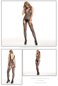 Black fishnet bodysuit sexy lingerie open crotch teddy with garter straps for women