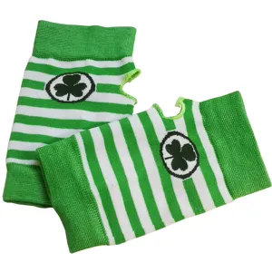 Guantes sin dedos a rayas verde y blanco de San Patricio calentadores de muñeca con detalle trébol.
