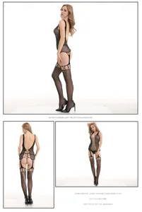 Sexy black fishnet erotic teddy lingerie bodysuit with garter straps and hollow out design.