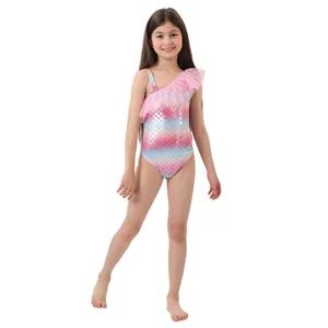 Cute girls mermaid one-piece swimsuit pink gradient fish scale kids swimwear for beach vacation.