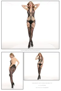 Sexy black lace mesh cutout bodysuit, halter backless lingerie for women, seductive erotic sleepwear.