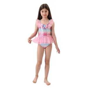 Simpatico costume da bagno sirena arcobaleno per bambine con volant e stampa squame.