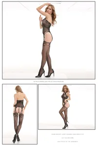 Women sexy black fishnet halter bodysuit lingerie with garters, sheer provocative intimate wear.