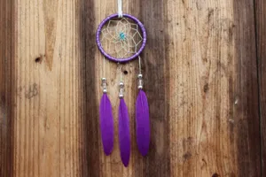 Handmade purple dream catcher detail featuring soft feathers and intricate woven web design.