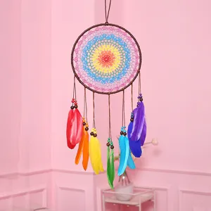 Detailed view of the colorful feather dream catcher, hanging decor for room wall.