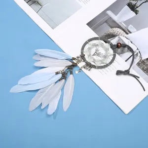 Car hanging dreamcatcher ornament featuring soft light blue feathers and exquisite deer pendant.