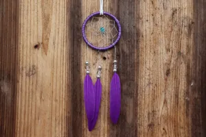 Detailed view of a handmade purple dream catcher hanging against a rustic wooden wall backdrop.