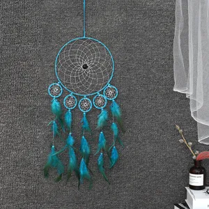 Handmade blue dream catcher with feathers and web, perfect room wall hanging decor.