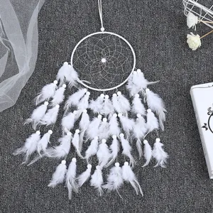 White feather dream catcher hanging decoration, handmade traditional Indian style wall decor for home.