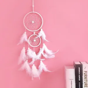 Handmade white double ring dreamcatcher wall hanging decor with feathers and beads for bedroom