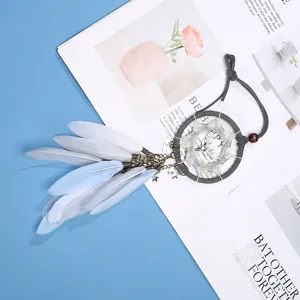 Closeup detail of the dreamcatcher car pendant featuring soft feathers and delicate web.