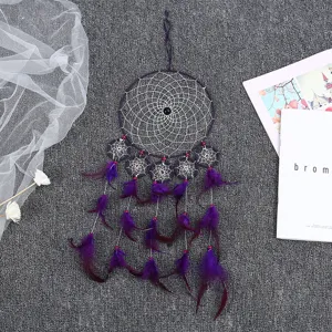Purple feather dream catcher wall hanging decor for bedroom, handmade gift ornament.