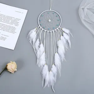 Handmade white feather dreamcatcher detail shot, boho wall hanging decor for home bedroom.