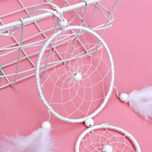 White double ring dreamcatcher hanging ornament with feathers and beads for bedroom decor car