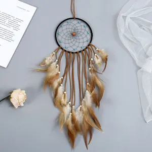 Handmade dream catcher wall hanging with brown suede cords feathers and beads for home decor