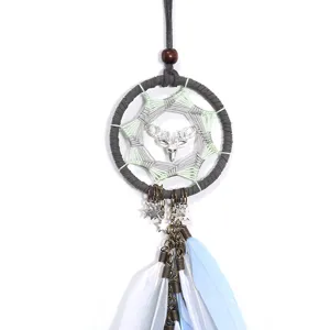 Ins style car hanging dream catcher with deer head charm and fluffy feathers for room decor.