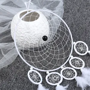 Handmade white dreamcatcher hanging ornament with feathers for home decor room decoration detail