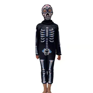 Costume da scheletro di Halloween per bambini con cappuccio coordinato per feste cosplay.