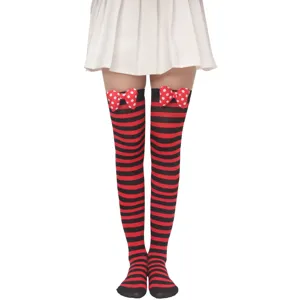 Calcetines altos de rayas rojas y negras con bonitos lazos de lunares blancos.