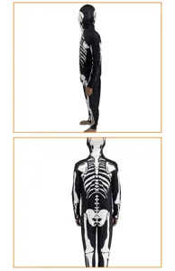 Halloween Skelett Ganzkoerper Kostuerm schwarz weiss Kapuze Jumpsuit Party Fasching Kleidung