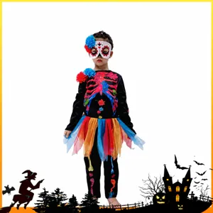 Kinder Halloween Skelett Kostüm Kleid Langarm Bunter Knochen Druck Party Kleid Mädchen Festival Cosplay Outfit