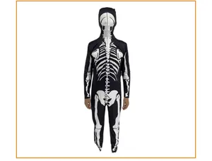 Halloween gruseliger Skelett Ganzkoerper Kostuem mit Kapuze und Knochen Druck fuer Party.