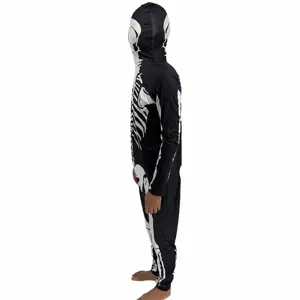 Halloween Skelett Ganzkörper Jumpsuit Kostüm mit Kapuze, schwarz-weiß gruseliges Outfit.