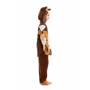 Detalle de disfraz de cosplay de búho para niños, mameluco animal marrón para fiesta y show.