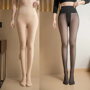 Winter fleece lined fake translucent pantyhose high waist nude legs thermal tights for women.