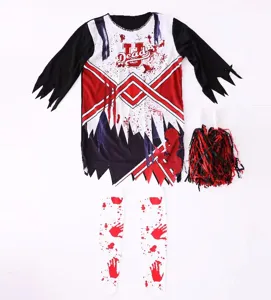 Kids zombie cheerleader costume set with dress, pompoms and blood print socks for halloween.