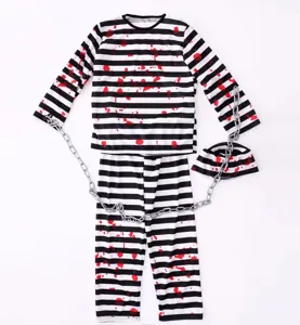 Halloween prisoner costume set featuring black white stripes and bloody detailing for party.
