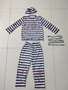 Halloween scary prisoner cosplay costume set with bloody black white stripes and chain prop.