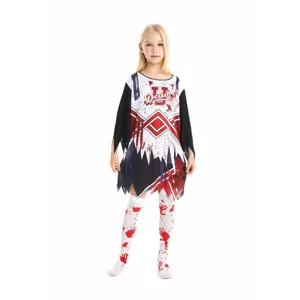 Halloween zombie cheerleader costume for girls, scary dress and socks set for spooky party.