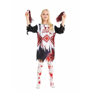 Halloween scary cheerleader zombie costume dress for kids party cosplay with pom poms.