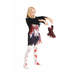 Kids zombie cheerleader costume horror halloween party dress set with blood print socks.
